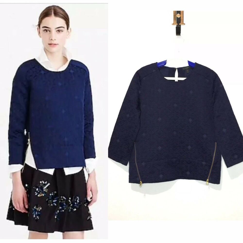 J Crew Matelasse Top Blouse Blue Jacquard Gold Zipper Women Size 6 MEDIUM